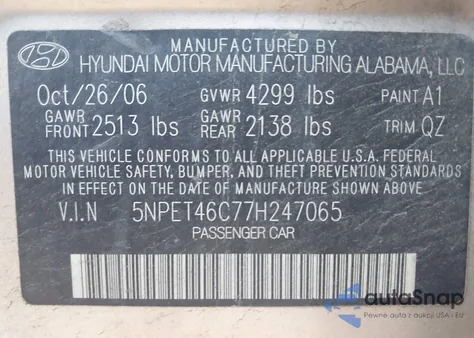 2007 Hyundai Sonata Gls z USA, uszkodzony, nr VIN 5NPET46C77H247065